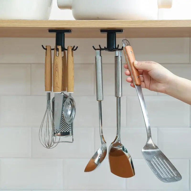 Under Cabinet 360° Rotating Kitchen Utensil Hook – 6 Hooks Cabinet Utensil Hook SPOT