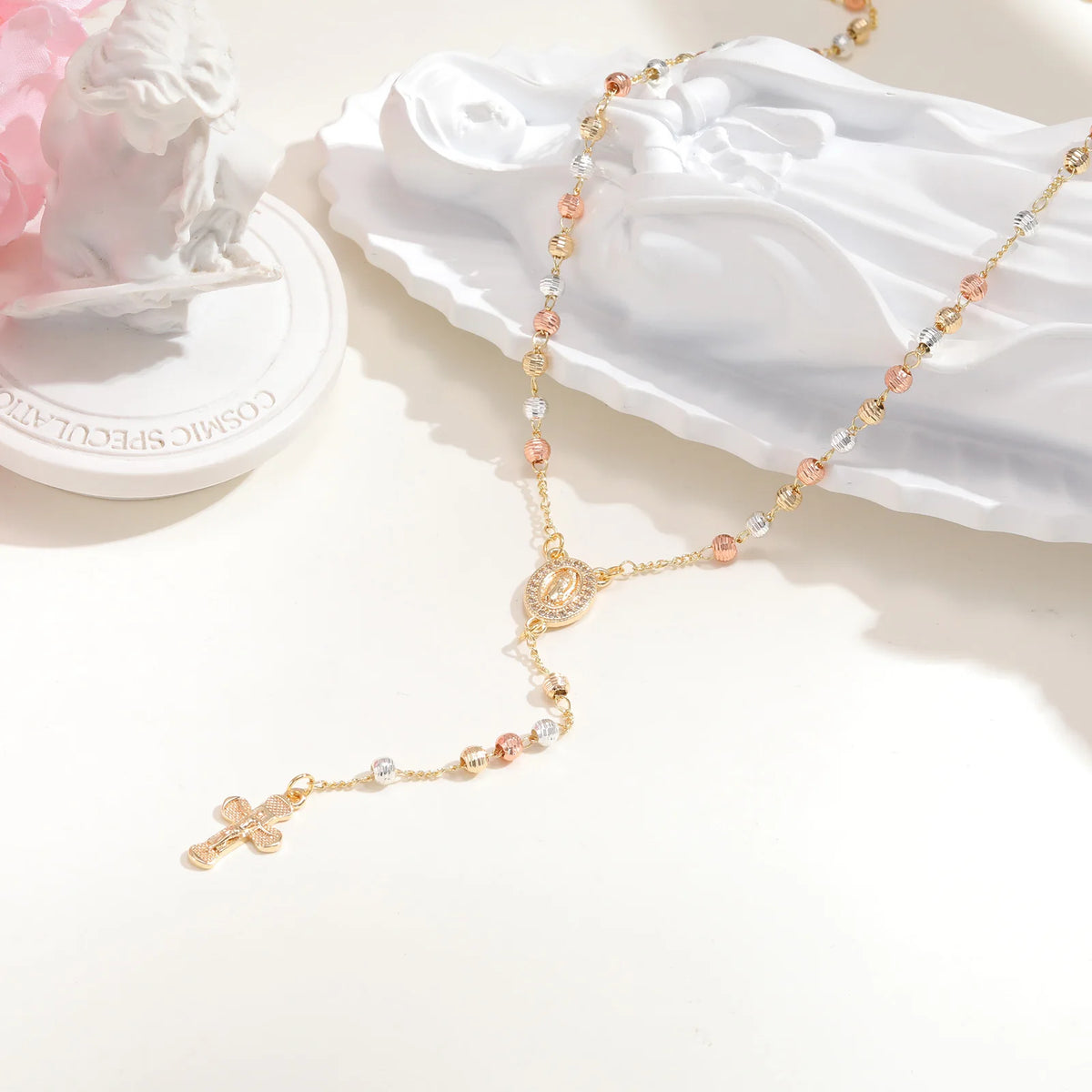 Virgin Mary St Benedict Rosary Beads Y Necklace | Gold Pendant Necklace SPOT