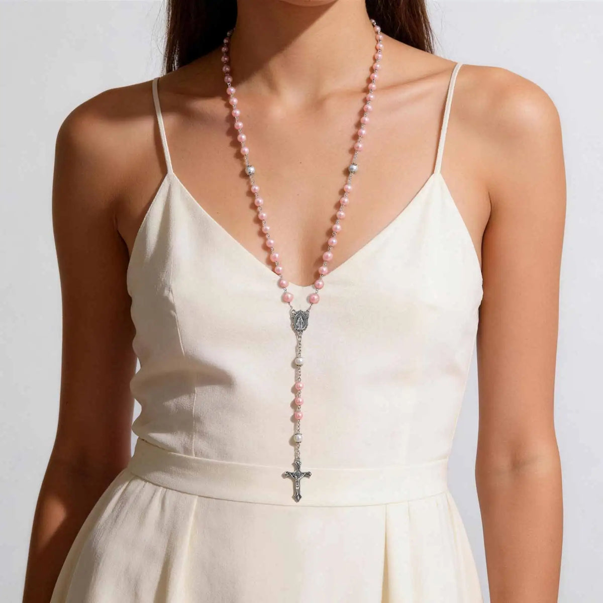 Pink Pearl Rosary Necklace – Virgin Mary Cross Catholic Gift Religious Pendant Necklace SPOT