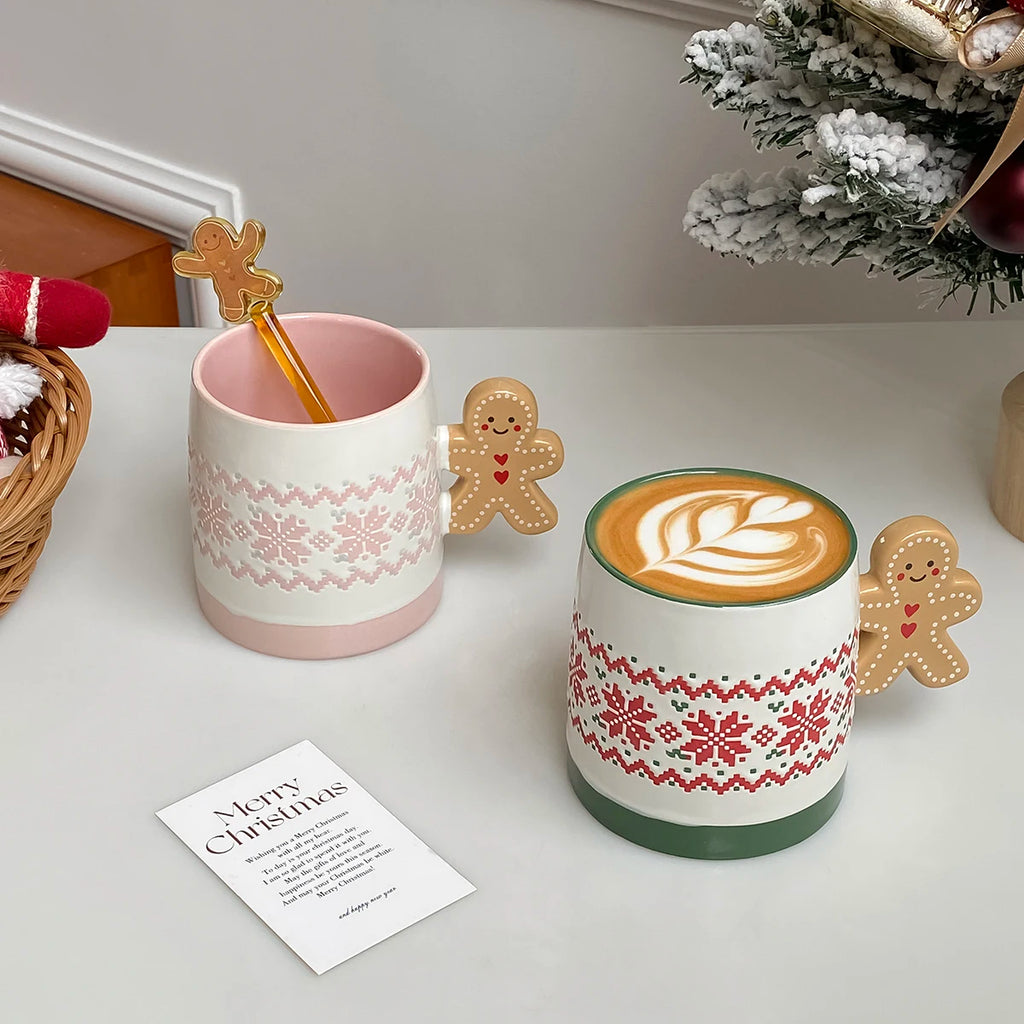 Gingerbread Man Ceramic Christmas Mug – Snowflake Texture Ceramic Coffee Mug SPOT