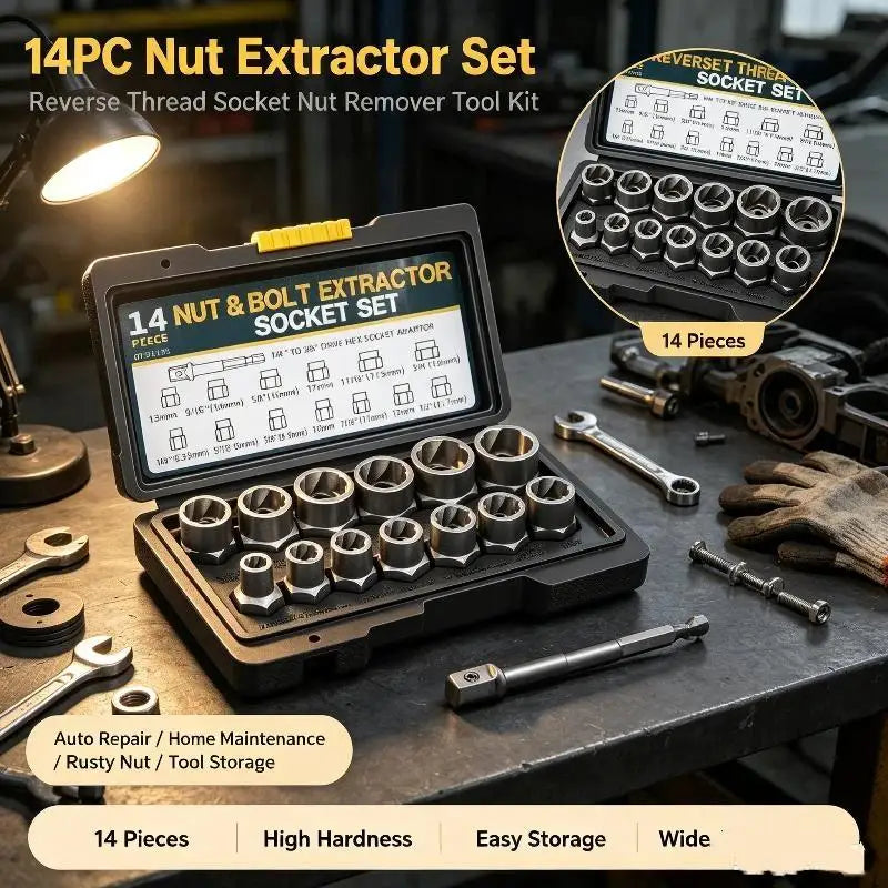 14-Pc Bolt & Nut Extractor Socket Set – High Carbon Steel Bolt Extractor Set SPOT
