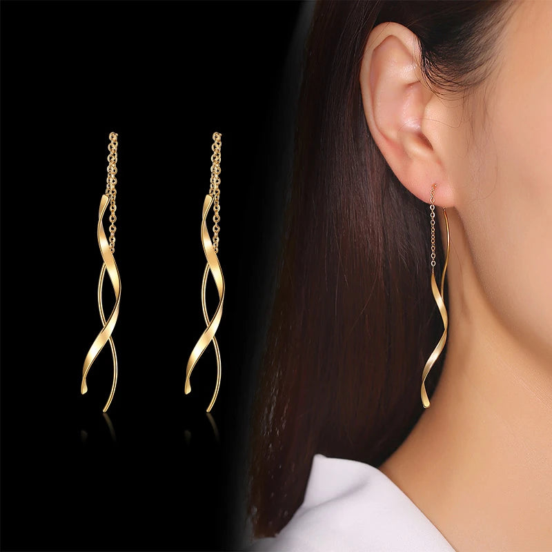 Spiral Bar Threader Earrings – Long Drop Stainless Steel Dangle Drop Threader Earrings SPOT ED-351