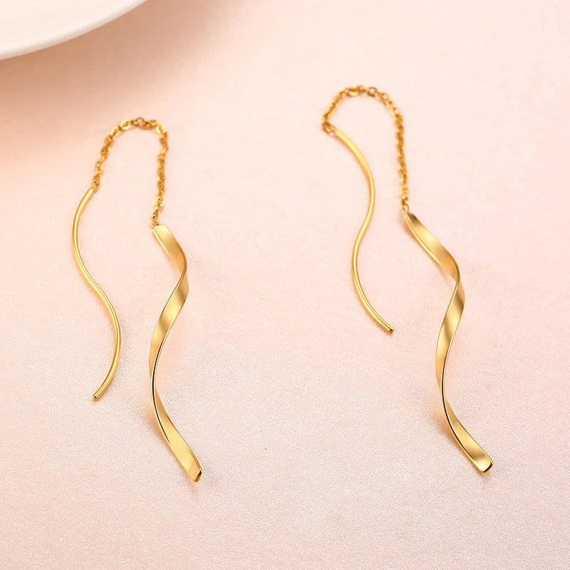 Spiral Bar Threader Earrings – Long Drop Stainless Steel Dangle Drop Threader Earrings SPOT