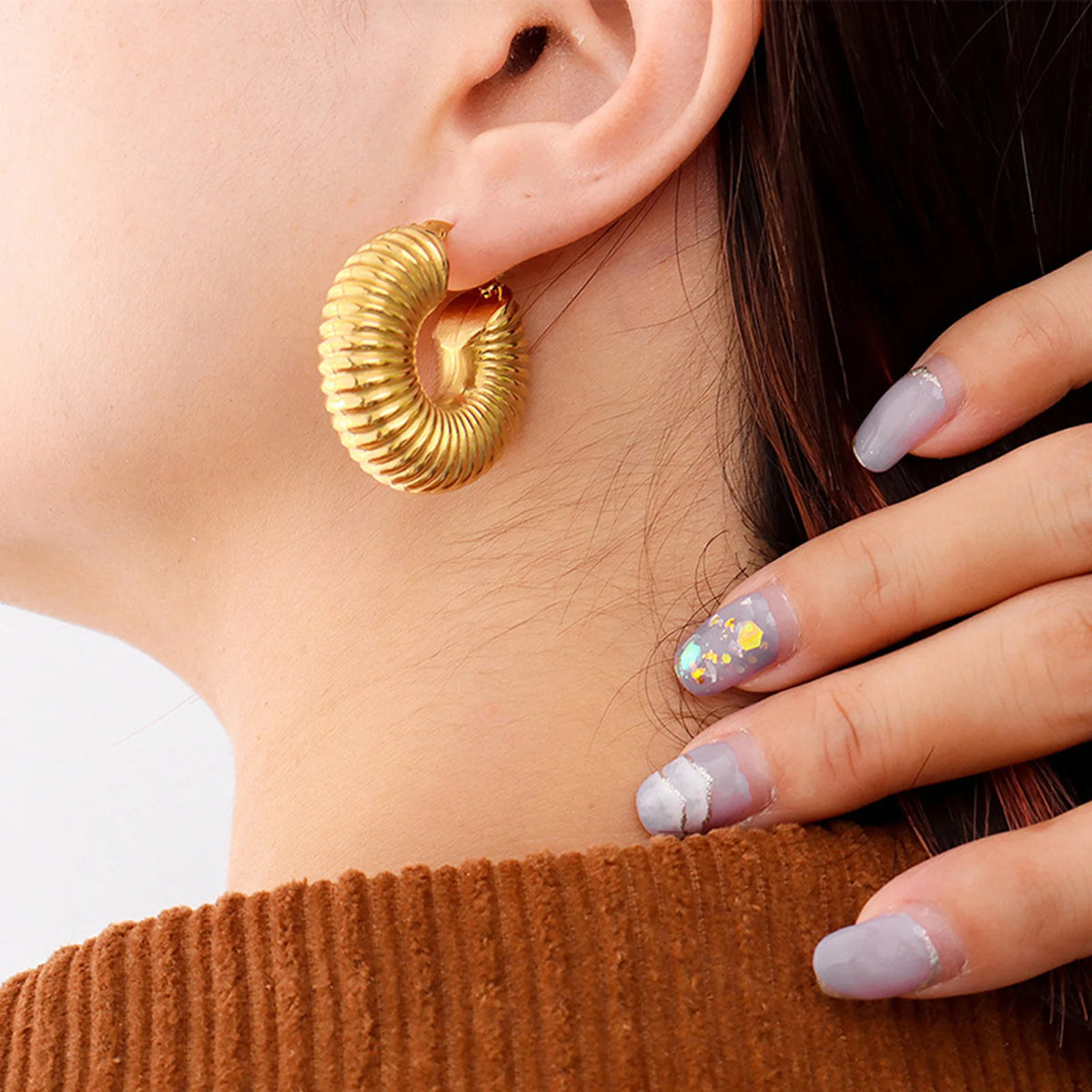 Meaeguet Chunky Gold Stainless Steel Hoop Earrings for Women Hoop Earrings SPOT