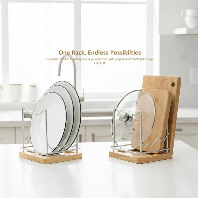 Stainless Steel Pot Lid Organizer with Wooden Drip Tray Kitchen Lid Organizer SPOT