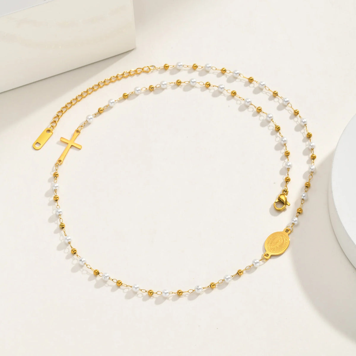 Virgin Mary Cross Necklace – 18K Gold Rosary Pearl Chain Religious Necklace SPOT