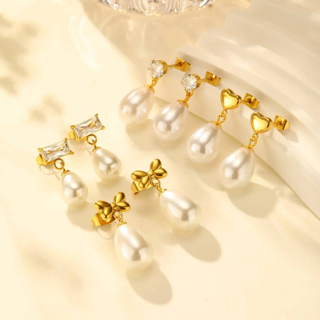 Bow Pearl Drop Earrings – Gold Bowknot Dangle for Women Drop Dangle Earrings SPOT