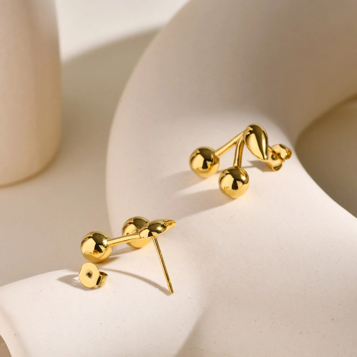Gold Cherry Stud Earrings – Stainless Steel, Hypoallergenic Stud Earrings SPOT