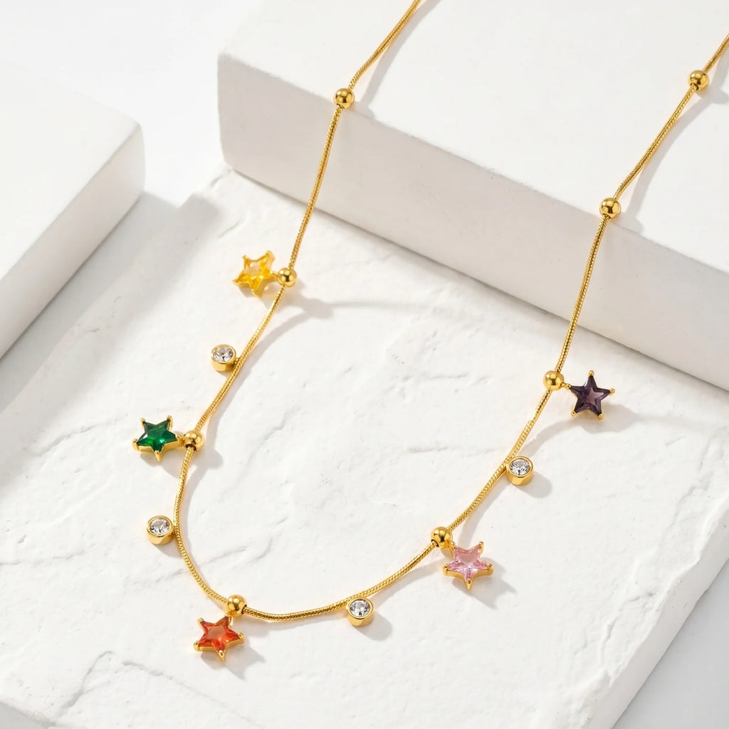 Multicolor Star CZ Snake Chain Necklace | 18K Gold Plated CZ Chain Necklace SPOT