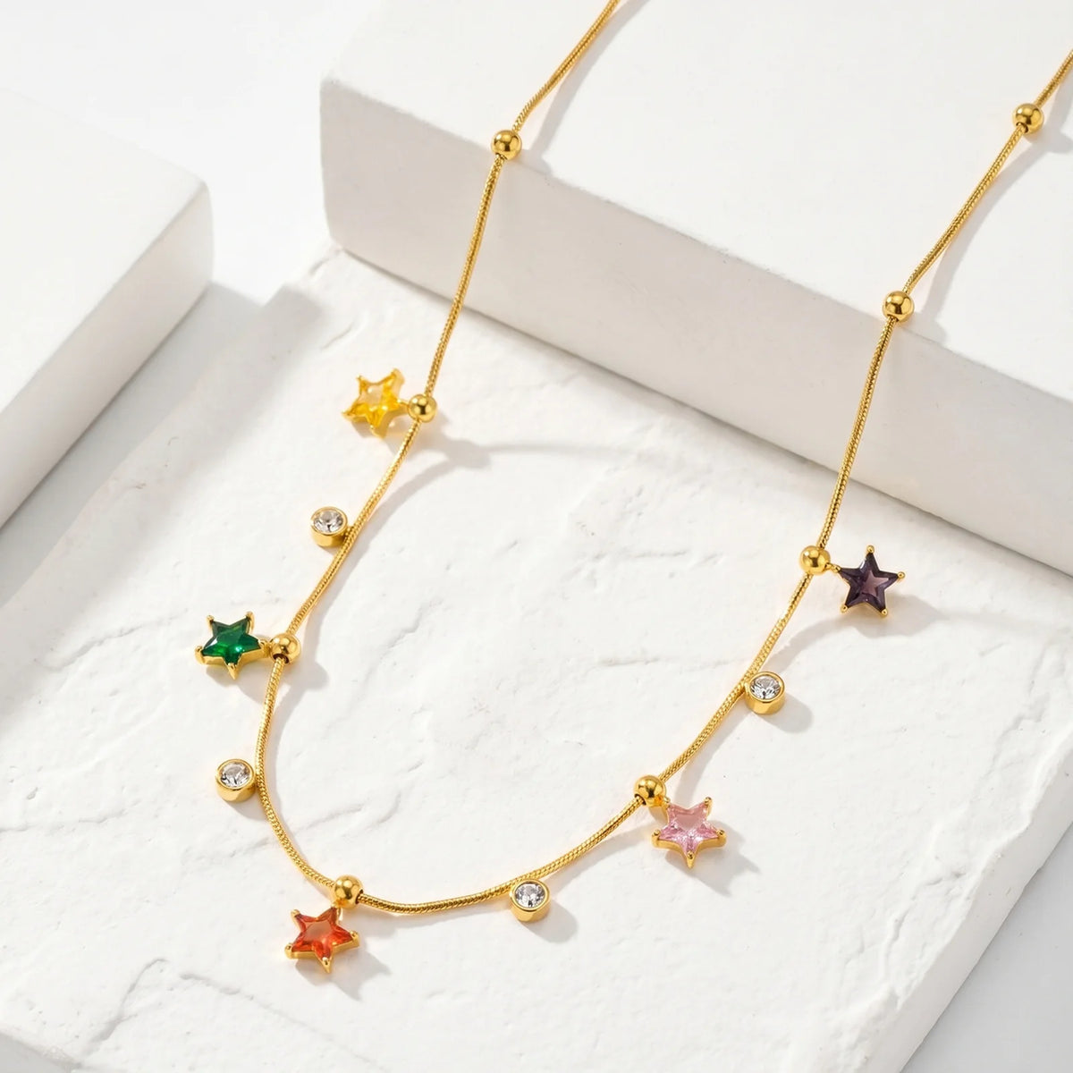 Multicolor Star CZ Snake Chain Necklace | 18K Gold Plated CZ Chain Necklace SPOT
