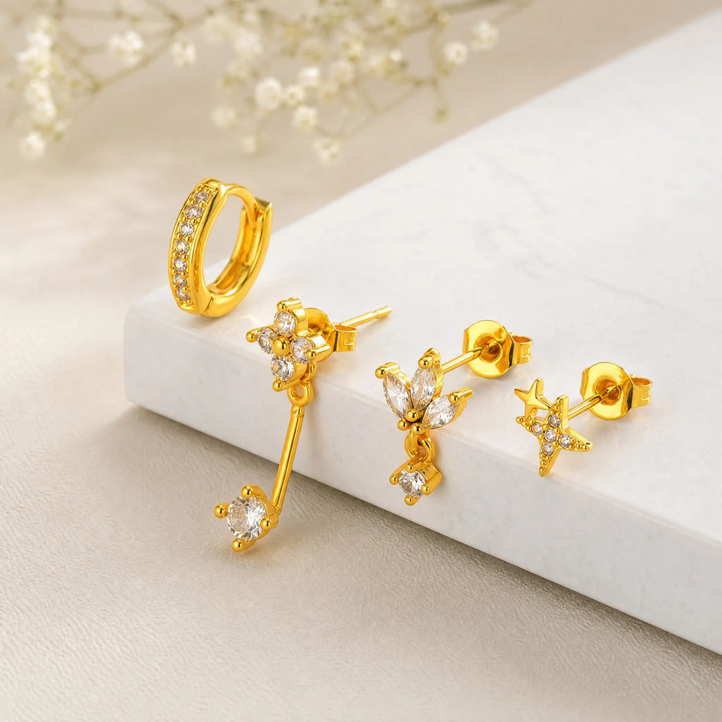 Gold CZ Star Huggie Hoop Earring Set – Stackable Cartilage Hoops Huggie Hoop Earrings SPOT