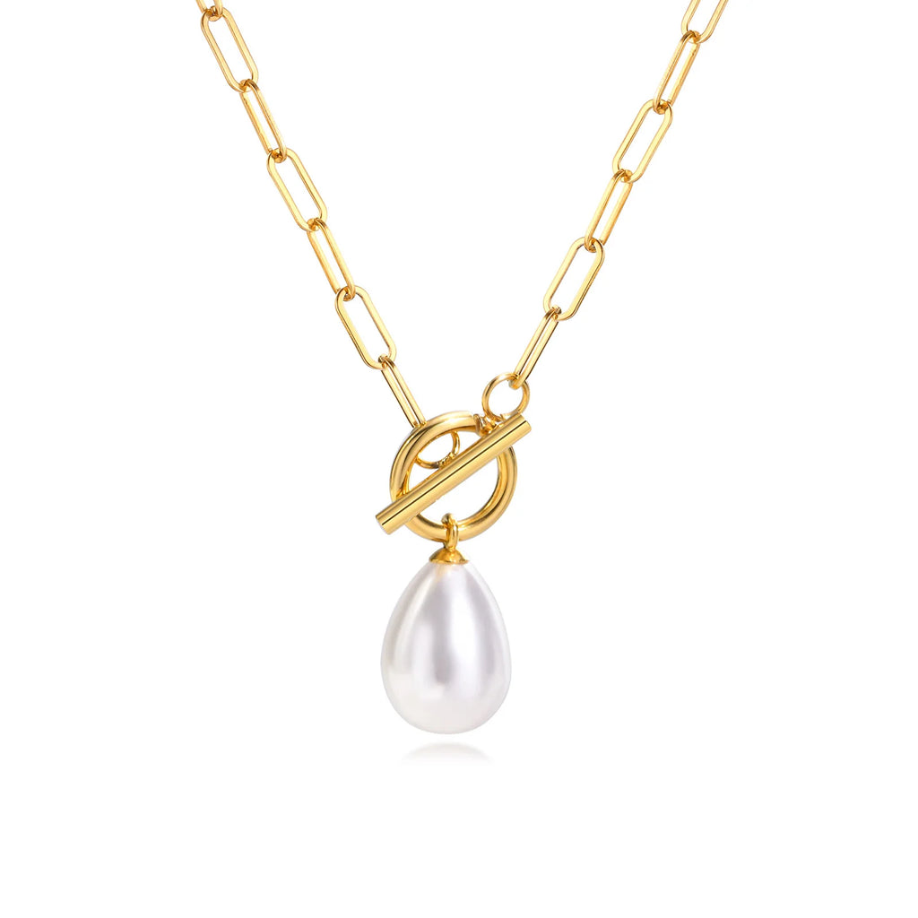 Mini Pearl Toggle Necklace – Gold Paperclip Chain for Women Pearl Pendant Necklace SPOT NC-1287G