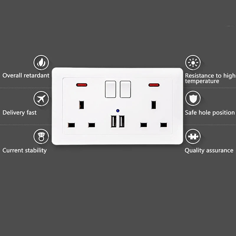 UK 13A Wall Socket Dual USB-C Fast Charge & LED Switch Wall Power Socket SPOT
