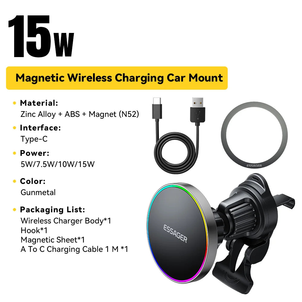 Essager RGB Magnetic Car Mount – 15W Qi Wireless Charger Wireless Car Mount SPOT Air outlet type