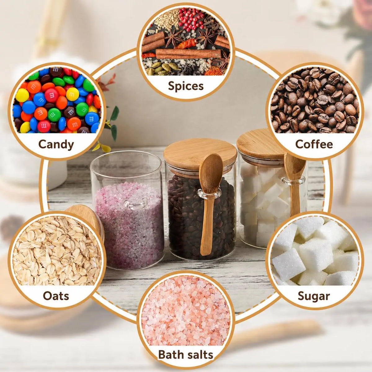 Airtight Glass Jars with Bamboo Lids & Spoons – 18oz Set Glass Food Storage Jars SPOT