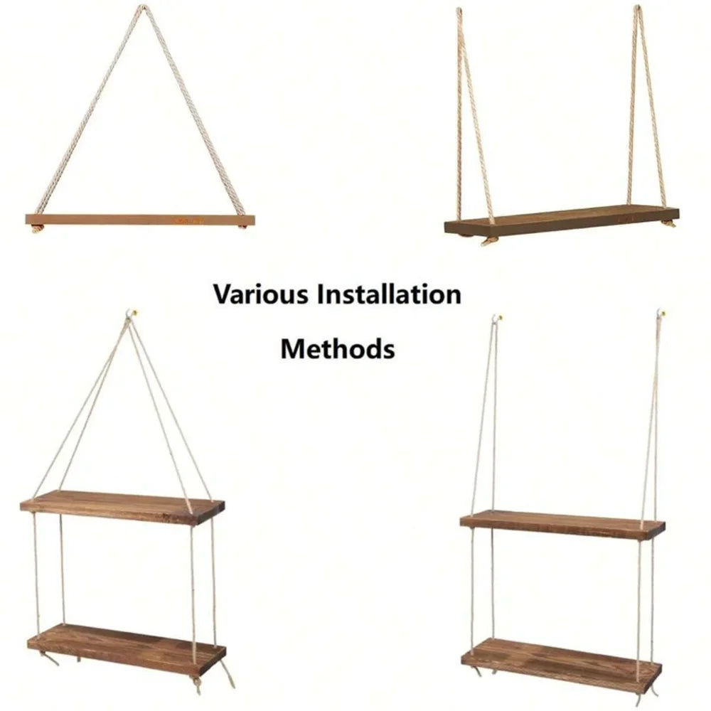 Wood Hanging Shelf Hemp Rope – Floating Wall Plant Tray Floating Wall Shelf SPOT