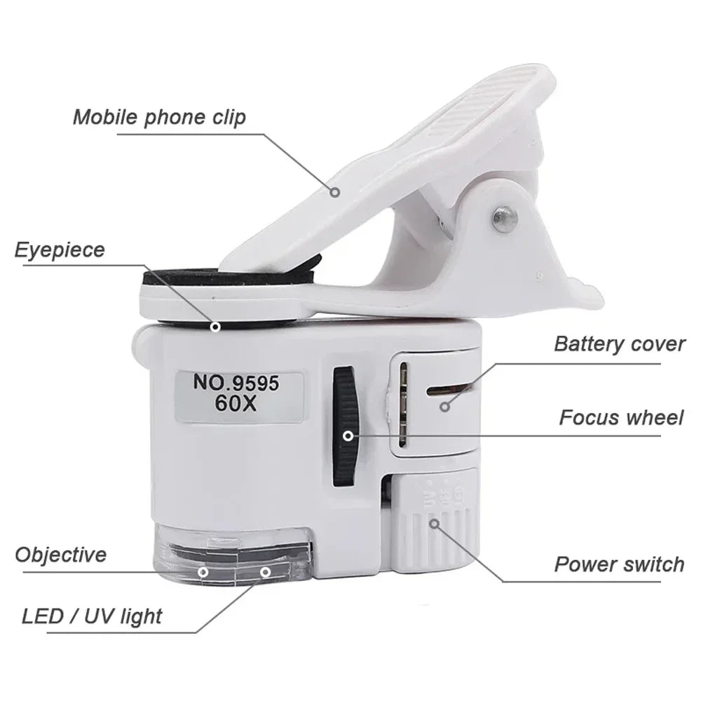 60X UV LED Pocket Microscope Magnifier with Phone Clip Clip-On Microscope SPOT