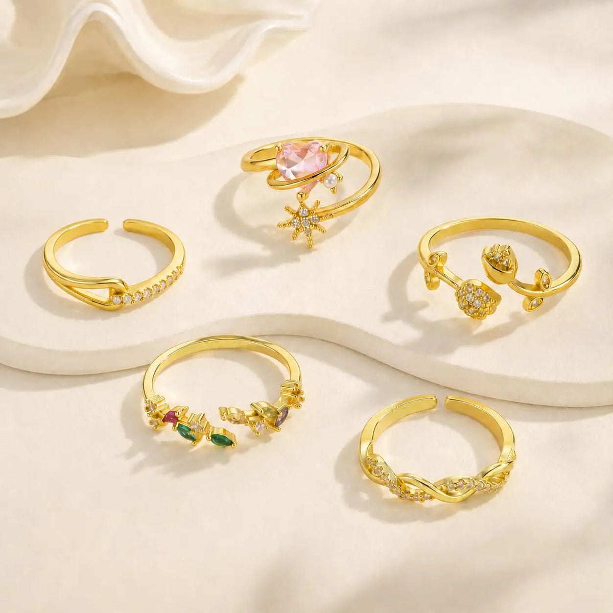 5-Piece Gold CZ Geometric Adjustable Ring Set for Women Fashion Ring Set SPOT