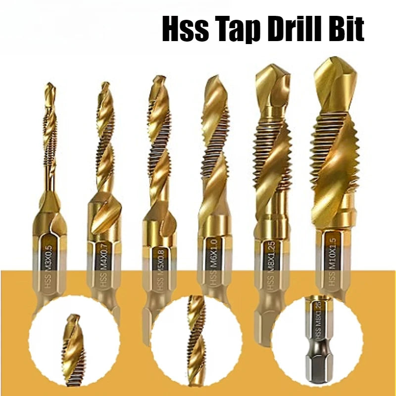 6-Pc Metric Titanium Drill Tap Bit Set M3–M10 | 1/4" Hex Shank Drill Tap Bit Set SPOT