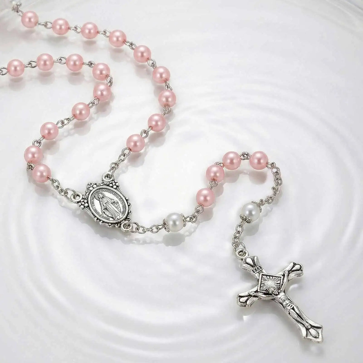 Pink Pearl Rosary Necklace – Virgin Mary Cross Catholic Gift Religious Pendant Necklace SPOT