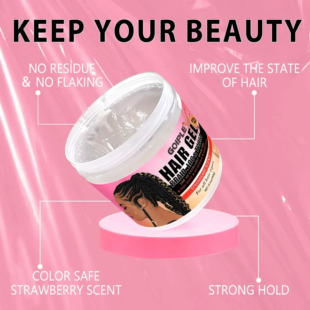 GOIPLE 380g Strawberry Hair Styling Gel – Strong Hold, No Flake Hair Styling Gel SPOT
