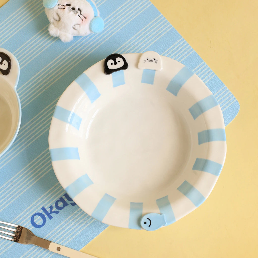 Seal & Penguin Ceramic Deep Plate – Blue Striped Round Dish Ceramic Dining Plate SPOT