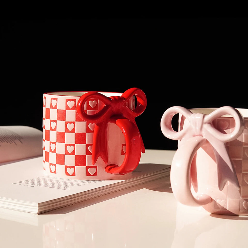 Ceramic Mug with Bowknot Handle & Heart Checkerboard Design Ceramic Coffee Mug SPOT