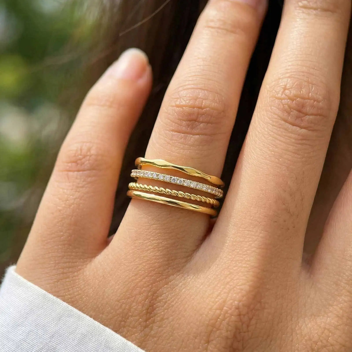 Stackable Rings Set 4pc – 18K Gold Plated CZ Twist Band Stackable Ring Set SPOT
