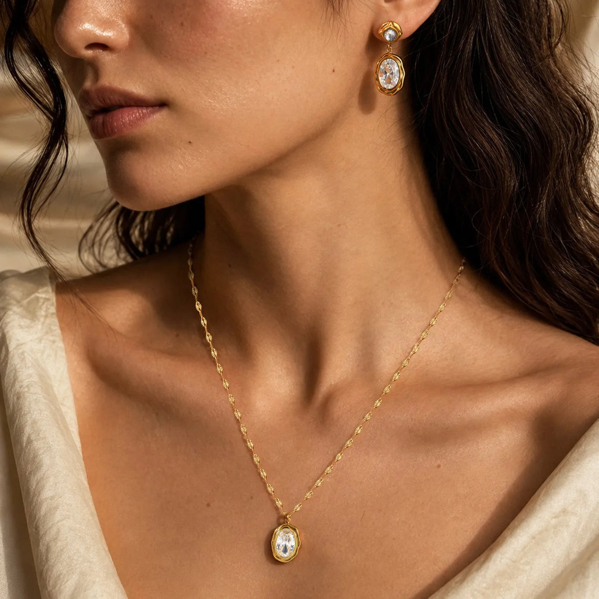 Textured Oval CZ Crystal Necklace – 18K Gold Plated Pendant Pendant Necklace SPOT