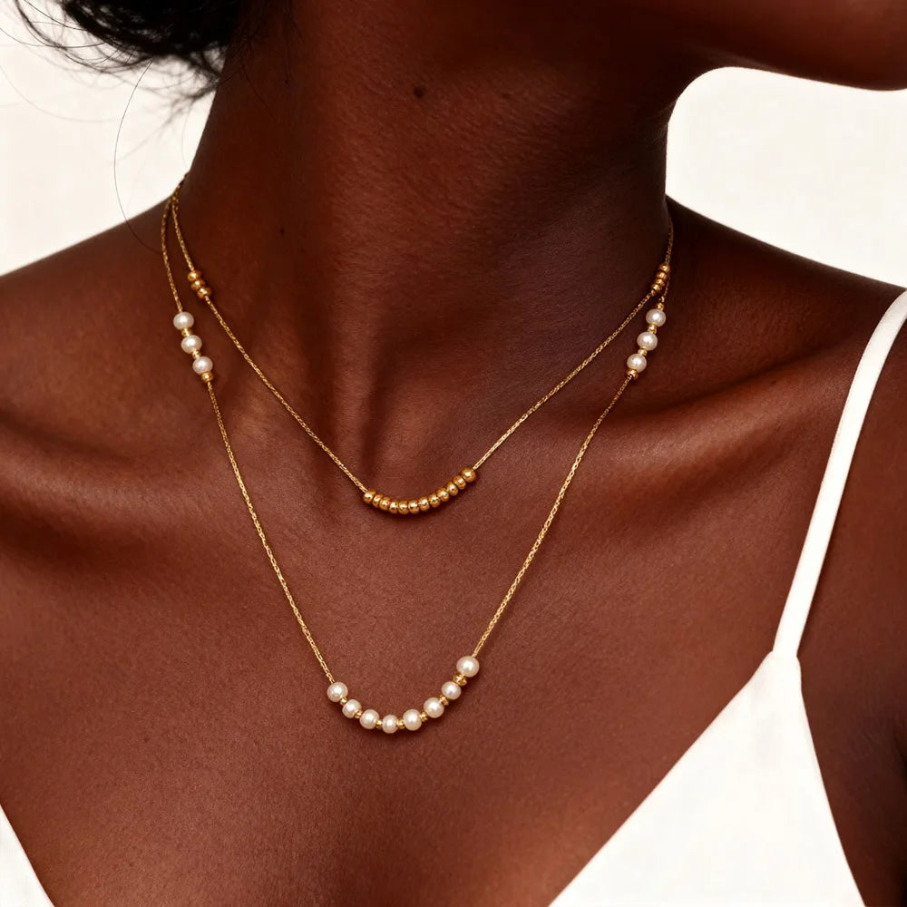 Beaded Stackable Pearl Chain Necklace – Gold Stainless Steel Stackable Chain Necklace SPOT