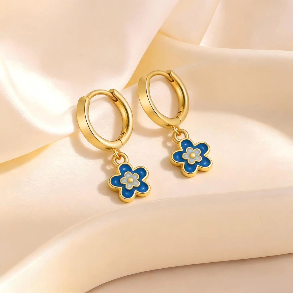 14K Gold Plated Pink Enamel Flower Huggie Hoop Earrings Huggie Hoop Earrings SPOT
