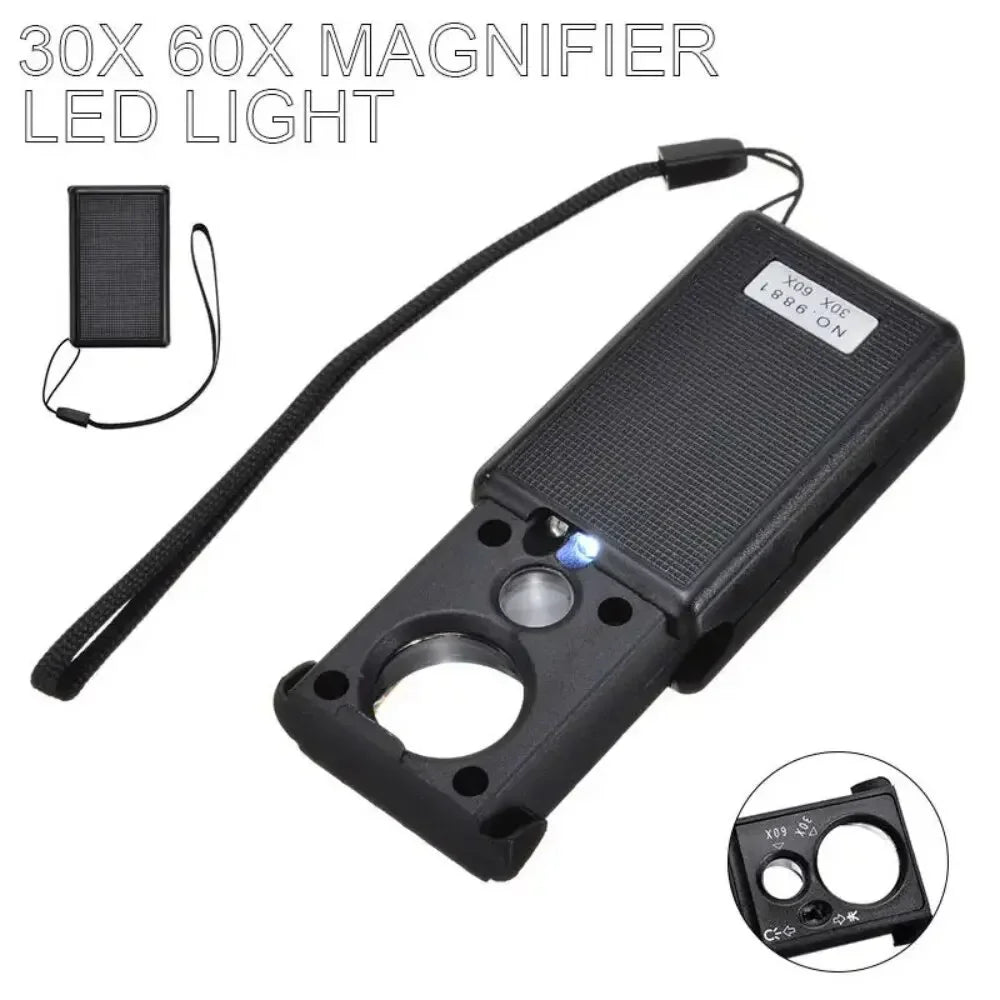 Mini 30X 60X LED UV Magnifier – Jewelry & Currency Tool Handheld Magnifier SPOT