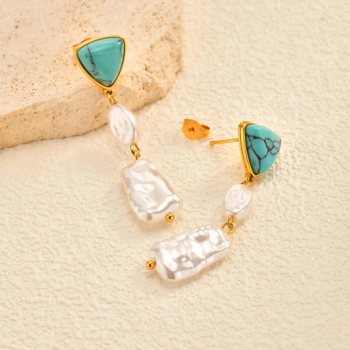 Turquoise & Pearl Long Dangle Earrings – Gold Stainless Steel Drop Dangle Earrings SPOT