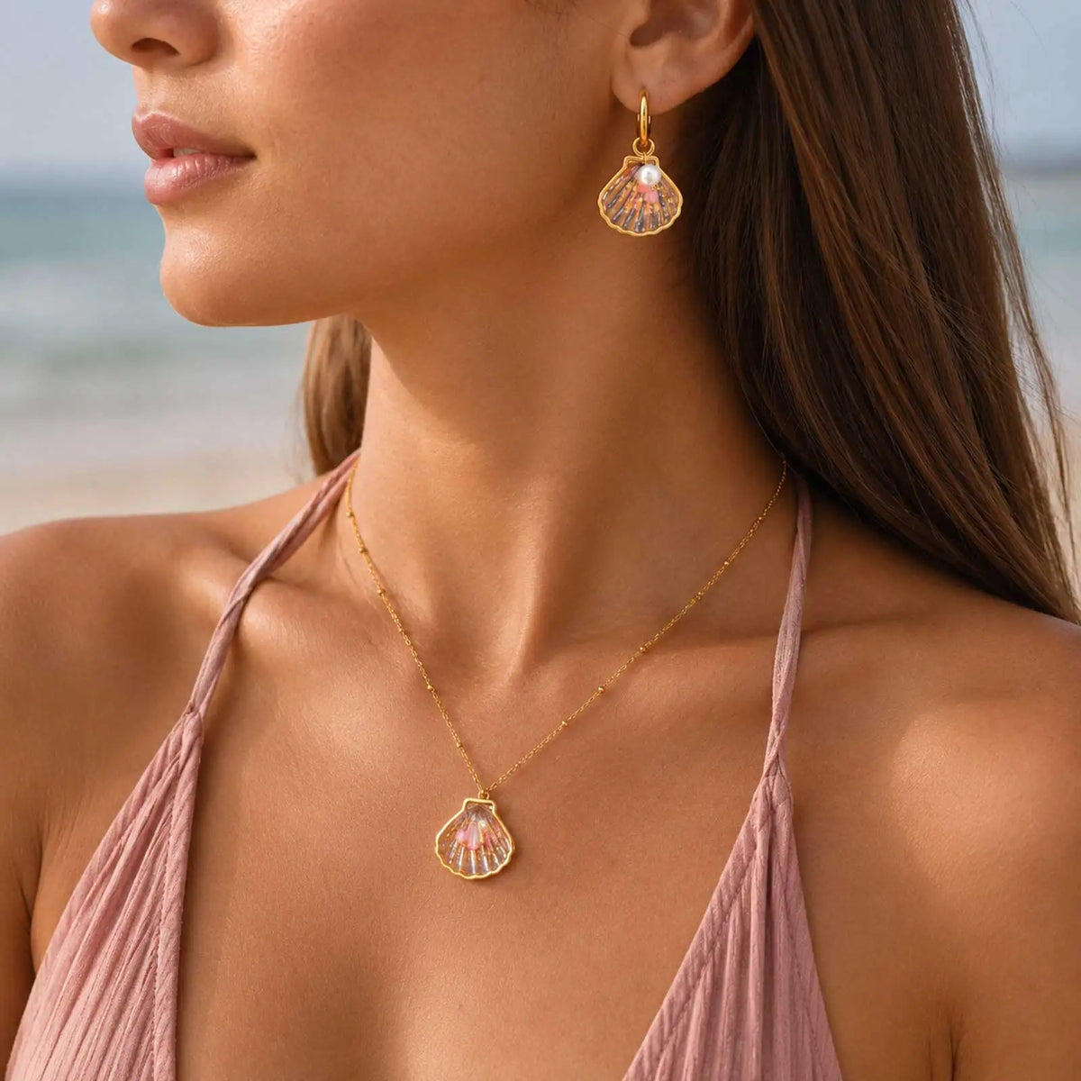 Asymmetric Ocean Hoop Earrings – Gold Shell Pearl Dangle Hoop Dangle Earrings SPOT