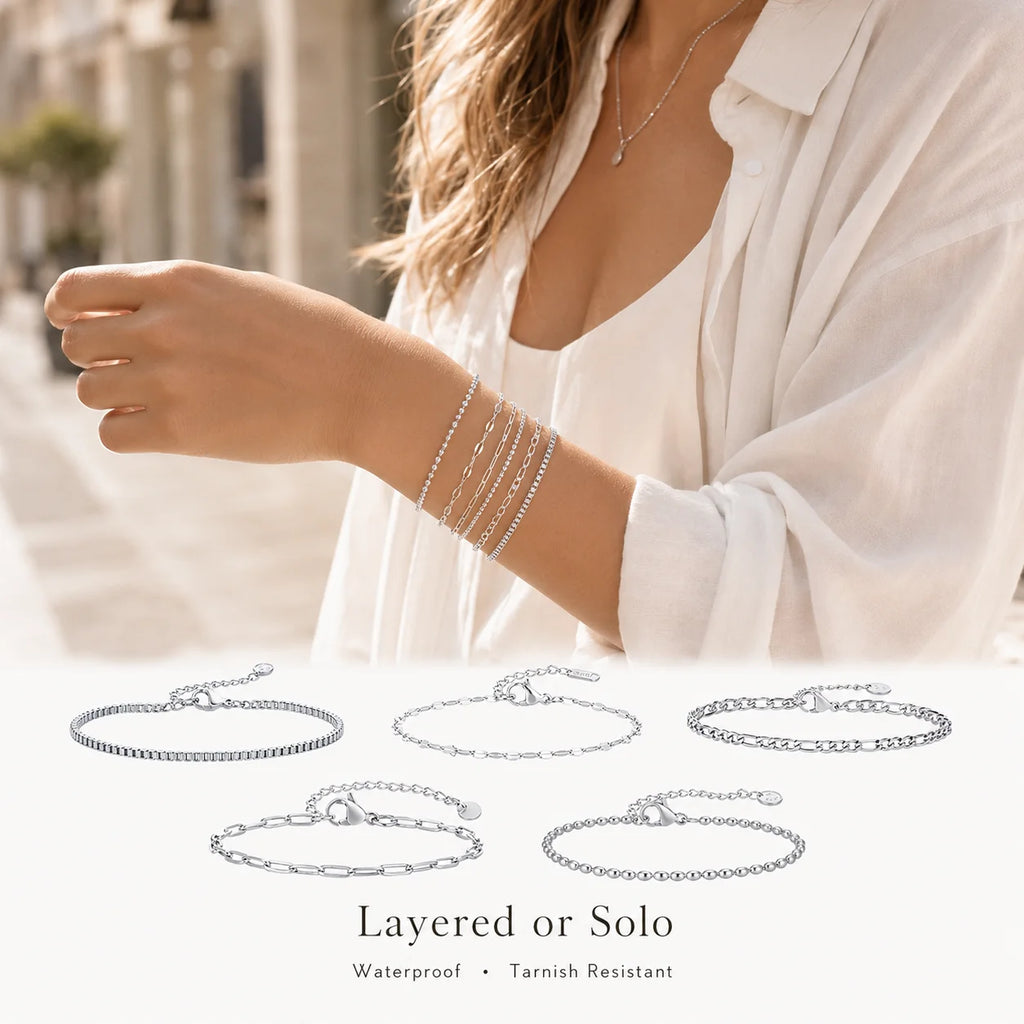 Women's Silver Stainless Steel Stackable Bracelet Set – 5 Pc Stackable Bracelet Set SPOT