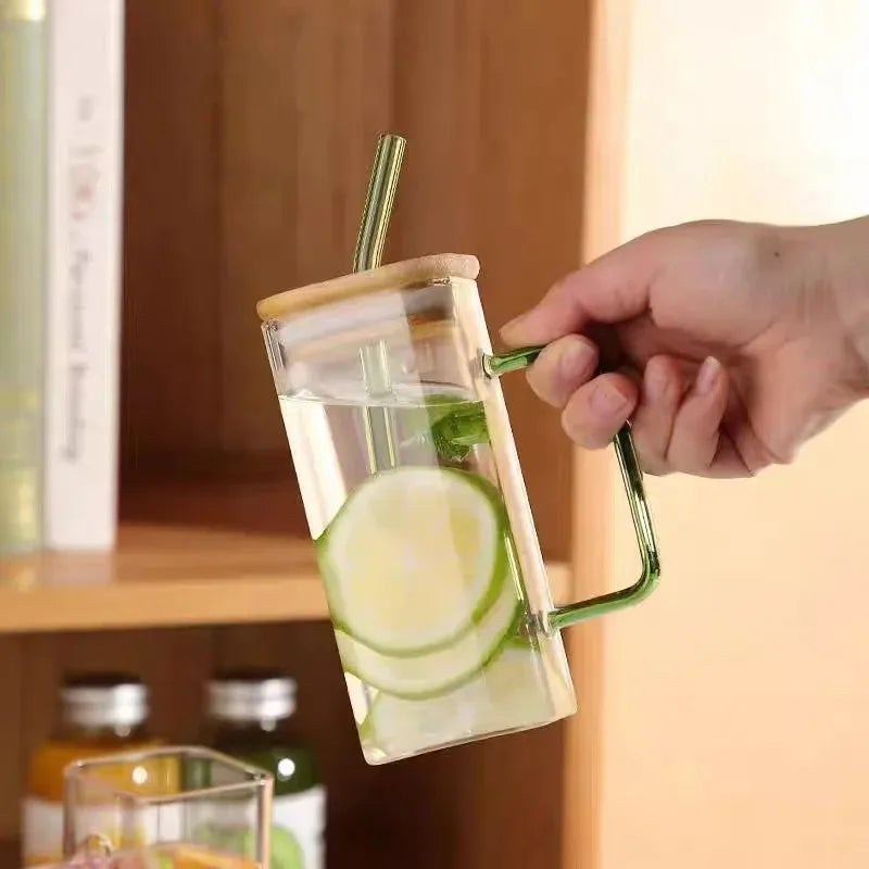 400ml Square Glass Mug with Lid & Straw – Microwave Safe Glass Mug SPOT