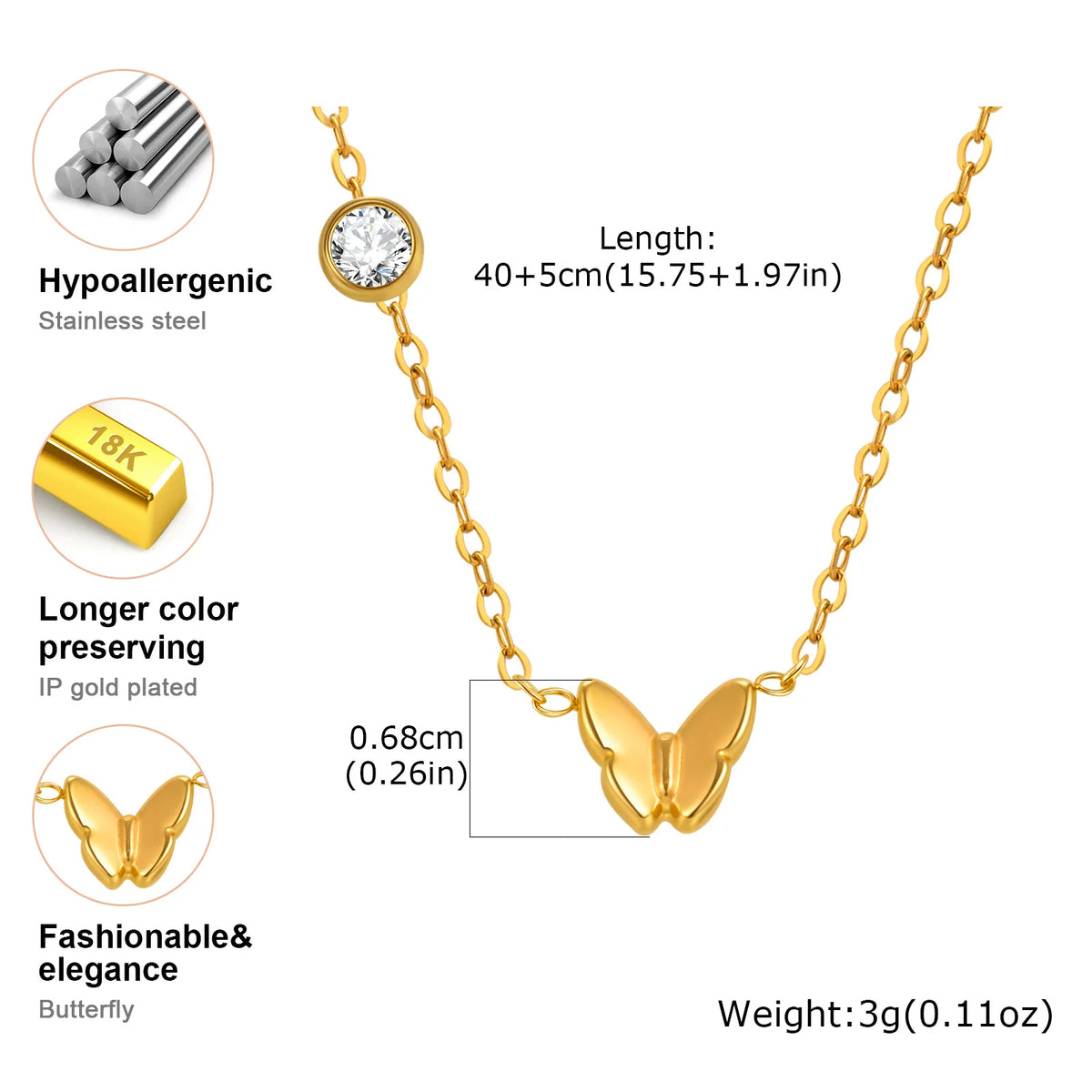 Butterfly Necklace 18K Gold Plated Stainless Steel CZ Pendant Pendant Necklace SPOT