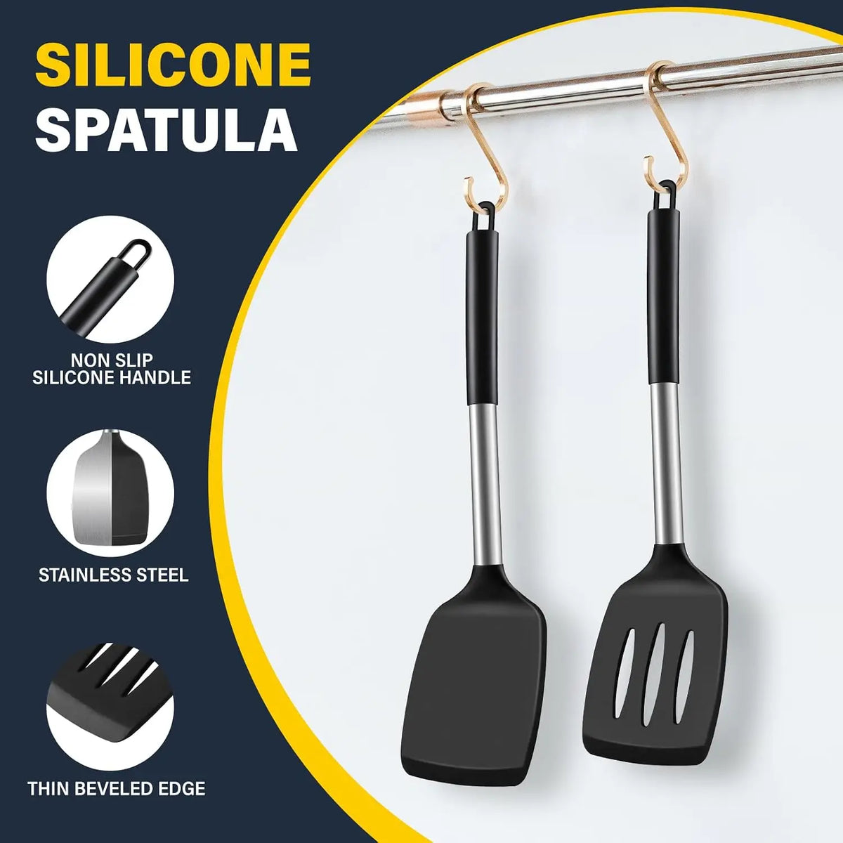 2-Piece Silicone Spatula Set – Solid & Slotted Turner, Steel Handle Silicone Spatula Set SPOT