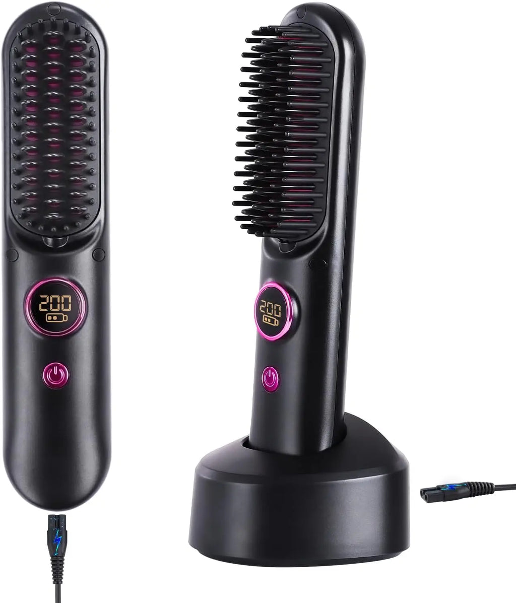 Cordless Ionic Hair Straightener Brush – 9 Temps, Travel Hair Straightener Brush SPOT Black USB Type-C