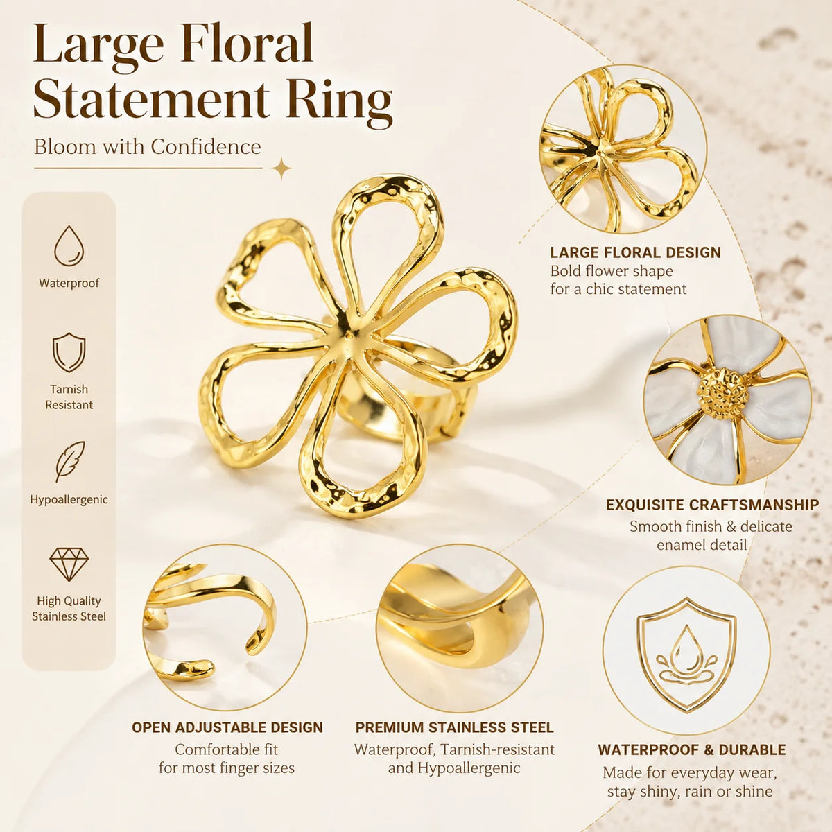 18K Gold Plated Floral Statement Ring – Open Adjustable Band Fashion Statement Ring SPOT