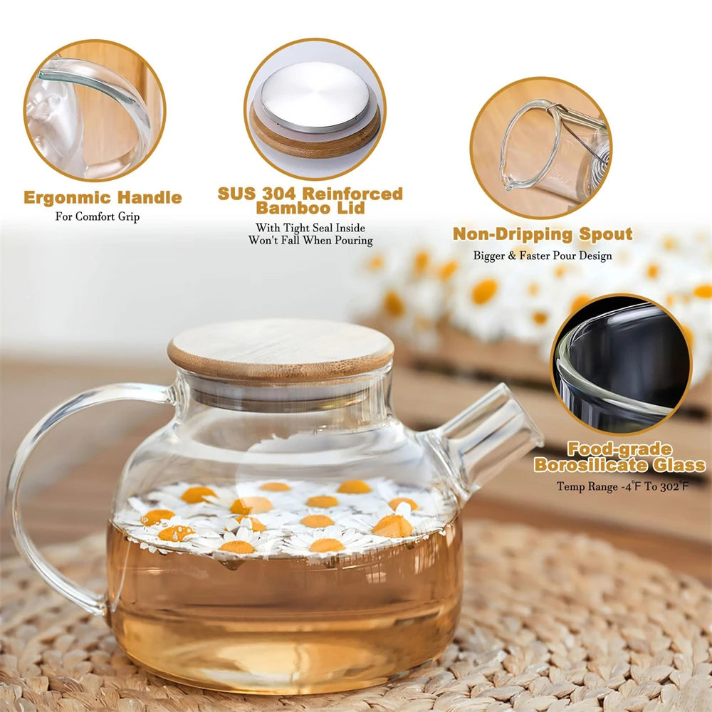 Borosilicate Glass Teapot 1L/1.8L – Bamboo Lid & Filter Glass Teapot SPOT