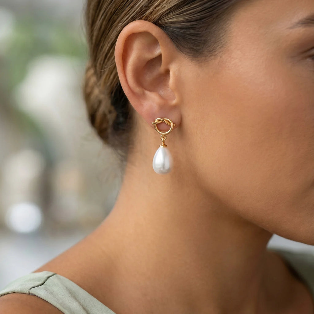 18K Gold Plated Knot Teardrop Pearl Drop Earrings | Dangle Pearl Drop Earrings SPOT