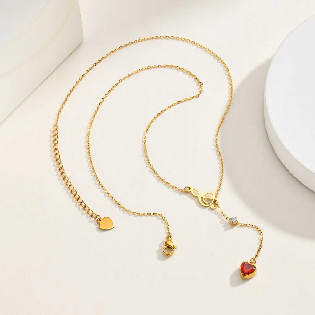 Music Note Heart CZ Lariat Y-Necklace | 18K Gold Stainless Steel Pendant Necklace SPOT