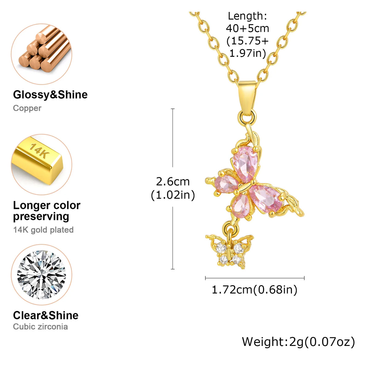 Double Butterfly Necklace – 18K Gold Plated Pink CZ Pendant Pendant Necklace SPOT