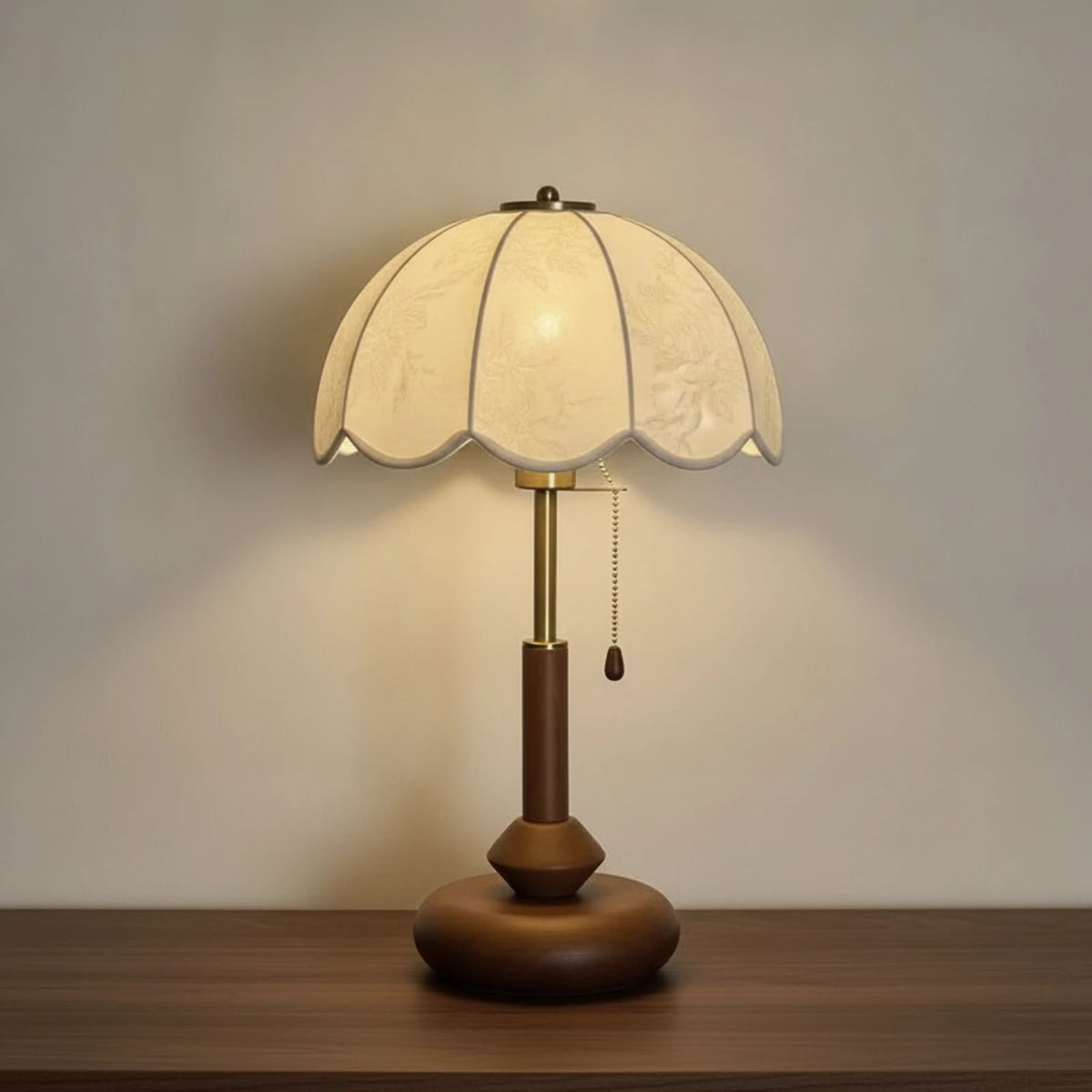 Wooden Table Lamp – Vintage Scalloped Floral Shade, Wood Base Wooden Table Lamp SPOT