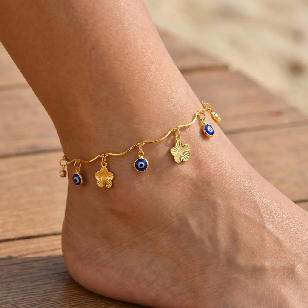 Bohemian Evil Eye Anklet – Gold Copper Flower Leaf Charm Fashion Anklet SPOT