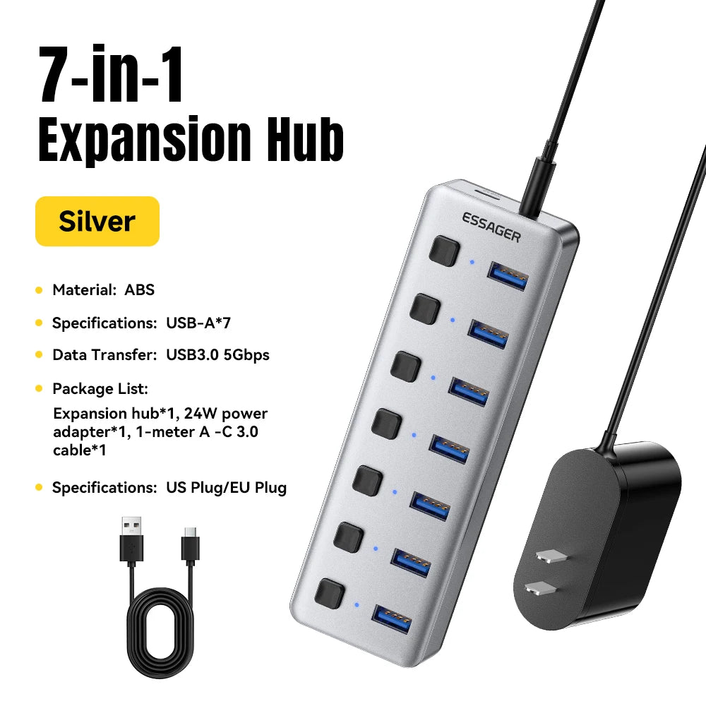 Essager 7-Port USB 3.0 Hub 5Gbps Splitter with 24W Charger USB Hub SPOT With US Plug