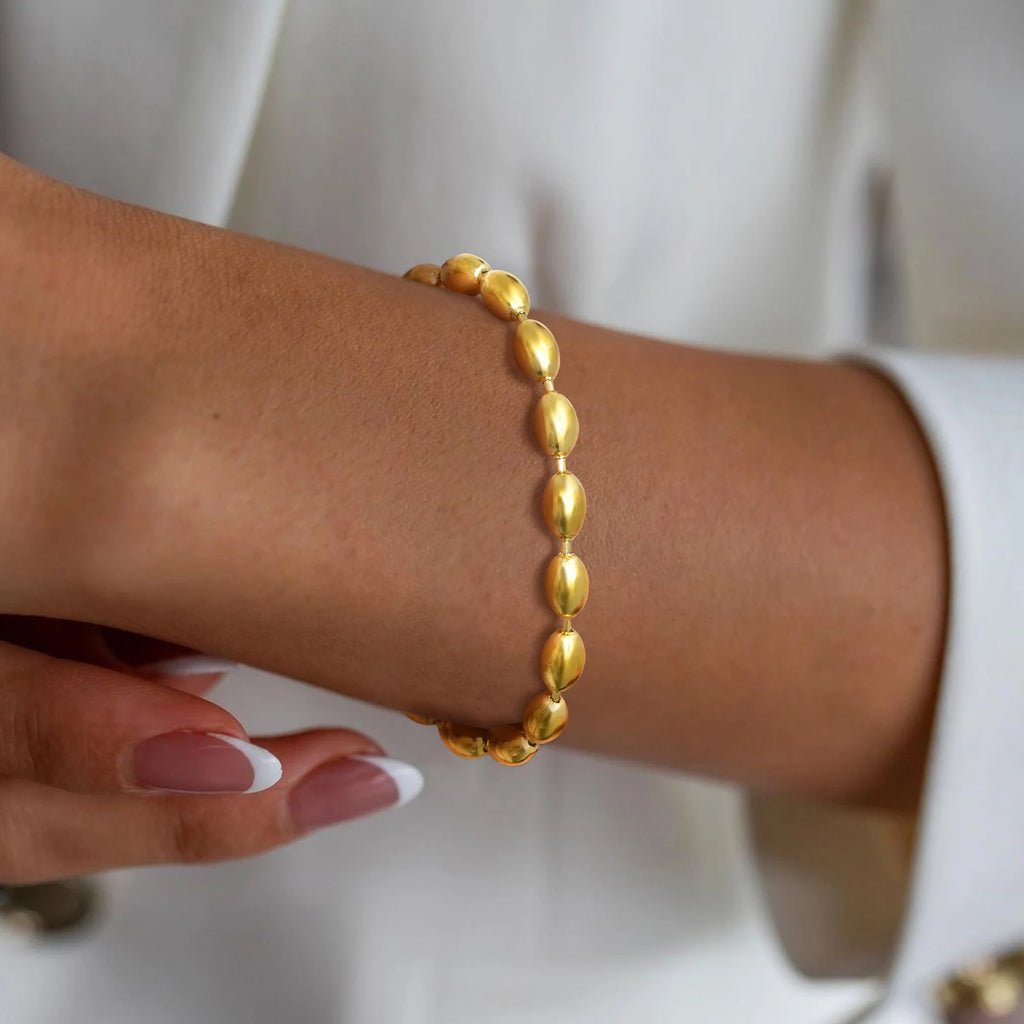 18K Gold Plated Oval Beaded Bracelet – Stackable Bangle Women Beaded Chain Bracelet SPOT