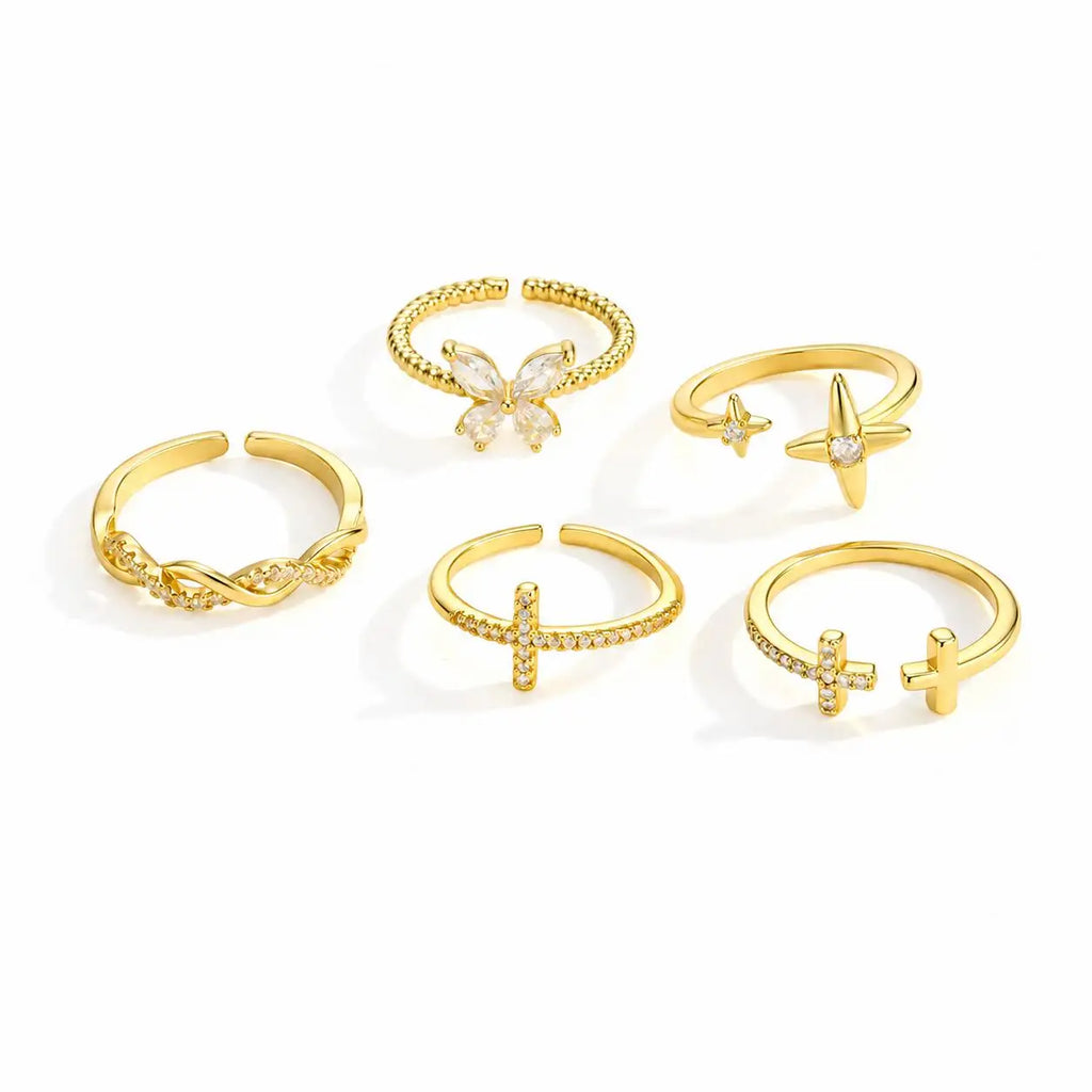 5-Piece Gold CZ Geometric Adjustable Ring Set for Women Fashion Ring Set SPOT Style 3