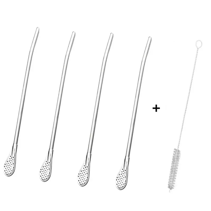 Stainless Steel Straw Spoon with Filter & Cleaning Brush Straw Spoon Set SPOT 4PCS